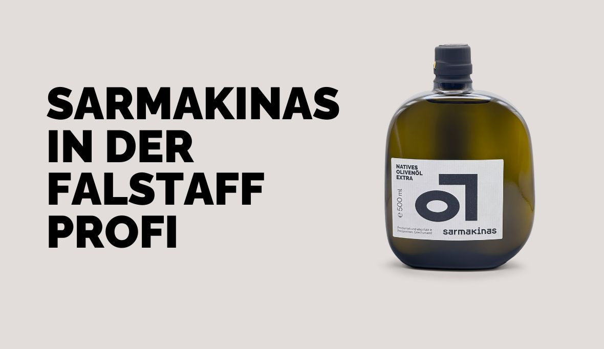 Sarmakinas in der Falstaff Profi, Bild der Sarmakinas Olivenöl Flasche