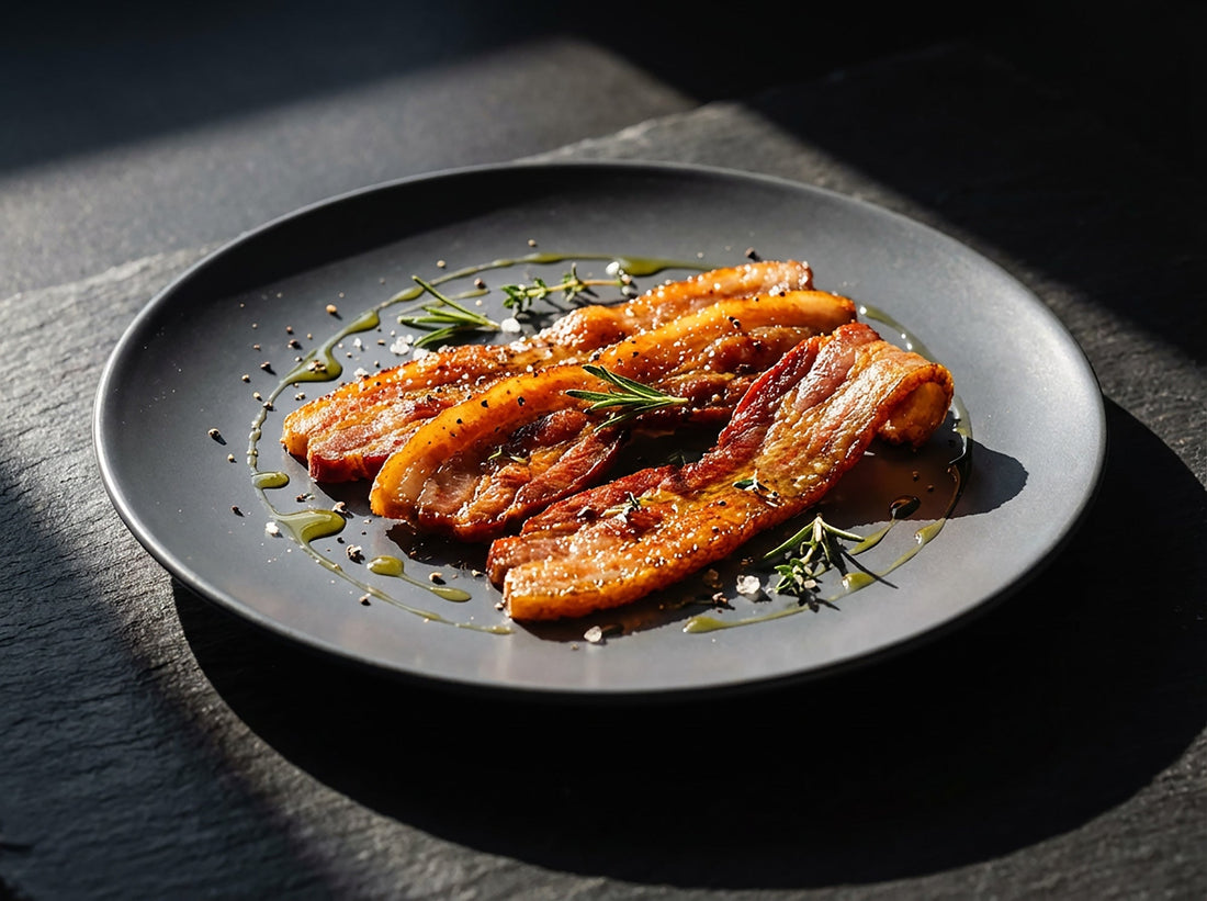 Pancetta kross gebraten mit Olivenöl, Kräutern & Zitrone