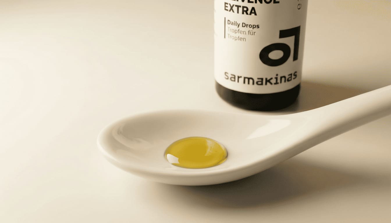 Olivenöl-Tropfen auf einem Löffel vor Daily-Drops-Fläschchen.