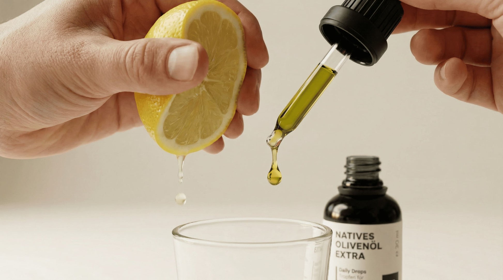 Zitrone und Olivenöl-Tropfen aus der Pipette über einem Glas.