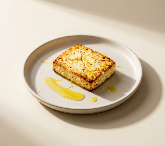 Feta mit Olivenöl-Finish auf einem Teller.