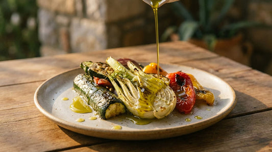 Olivenöl als Finish über gegrilltem Gemüse auf einem Teller.